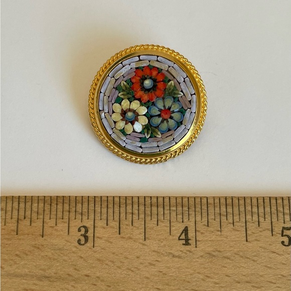 Vintage Italian Micro Mosaic Round Pin Floral Motif - Picture 3 of 6